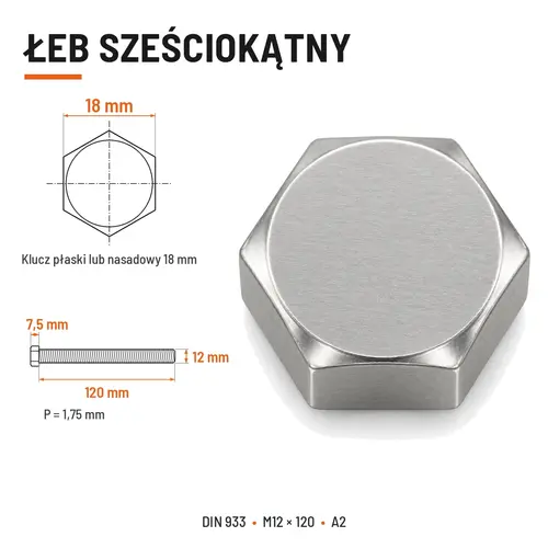 ŚRUBA SZEŚCIOKĄTNA DIN 933 M12X120 STAL NIERDZEWNA A2