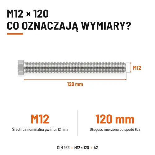 ŚRUBA SZEŚCIOKĄTNA DIN 933 M12X120 STAL NIERDZEWNA A2