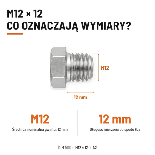 Śruba sześciokątna DIN 933 M12x12 pełny gwint A2 nierdzewna