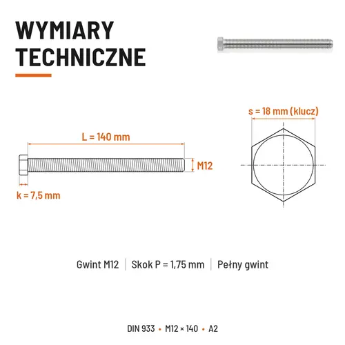 ŚRUBA SZEŚCIOKĄTNA DIN 933 M12X140 STAL NIERDZEWNA A2