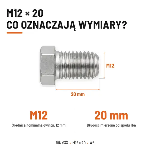 Śruba sześciokątna DIN 933 M12x20 pełny gwint A2 nierdzewna