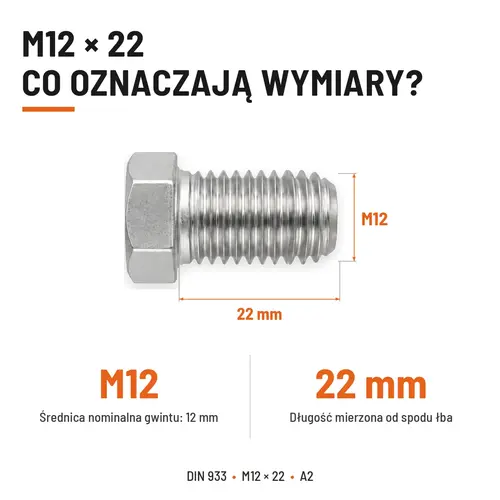 Śruba sześciokątna DIN 933 M12x22 pełny gwint A2 nierdzewna