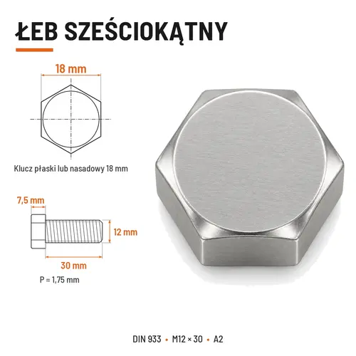 ŚRUBA SZEŚCIOKĄTNA DIN 933 M12X30 STAL NIERDZEWNA A2