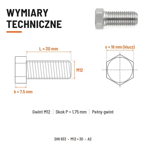 ŚRUBA SZEŚCIOKĄTNA DIN 933 M12X30 STAL NIERDZEWNA A2