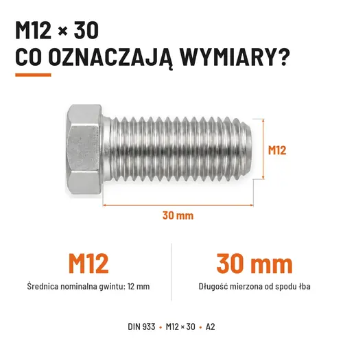 ŚRUBA SZEŚCIOKĄTNA DIN 933 M12X30 STAL NIERDZEWNA A2