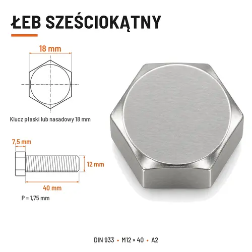 ŚRUBA SZEŚCIOKĄTNA DIN 933 M12X40 STAL NIERDZEWNA A2