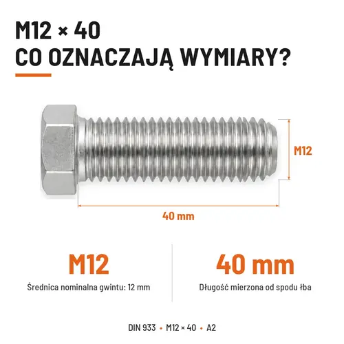 ŚRUBA SZEŚCIOKĄTNA DIN 933 M12X40 STAL NIERDZEWNA A2