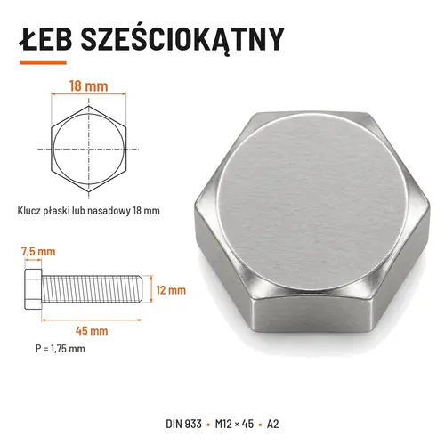 ŚRUBA SZEŚCIOKĄTNA DIN 933 M12X45 STAL NIERDZEWNA A2