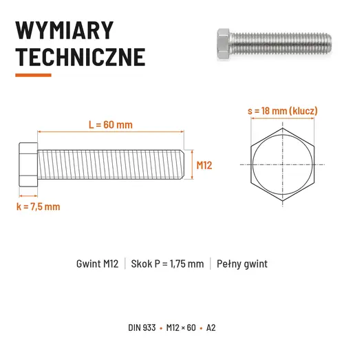 ŚRUBA SZEŚCIOKĄTNA DIN 933 M12X60 STAL NIERDZEWNA A2