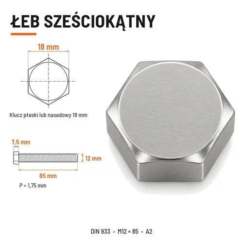 ŚRUBA SZEŚCIOKĄTNA DIN 933 M12X85 STAL NIERDZEWNA A2