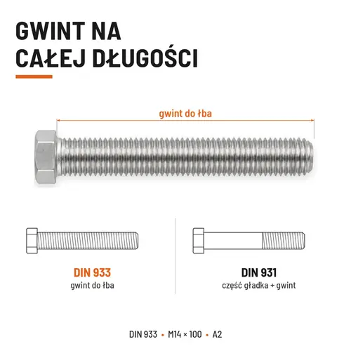 ŚRUBA SZEŚCIOKĄTNA DIN 933 M14X100 STAL NIERDZEWNA A2