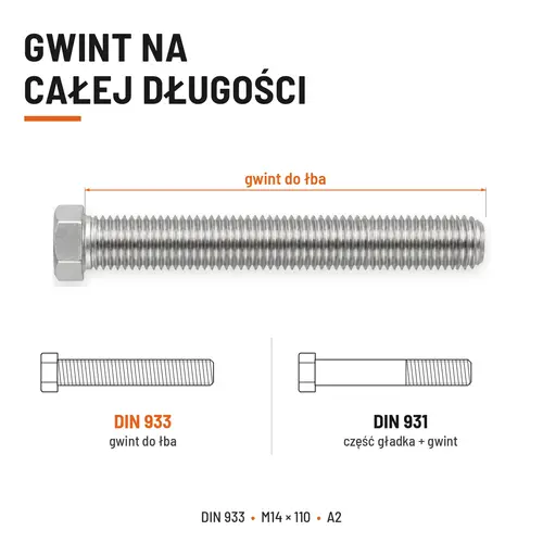 ŚRUBA SZEŚCIOKĄTNA DIN 933 M14X110 STAL NIERDZEWNA A2