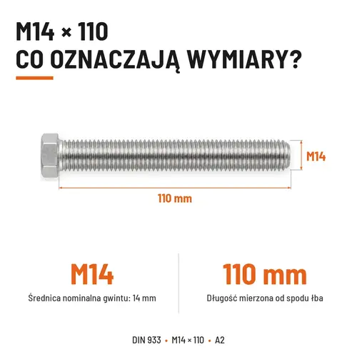 ŚRUBA SZEŚCIOKĄTNA DIN 933 M14X110 STAL NIERDZEWNA A2