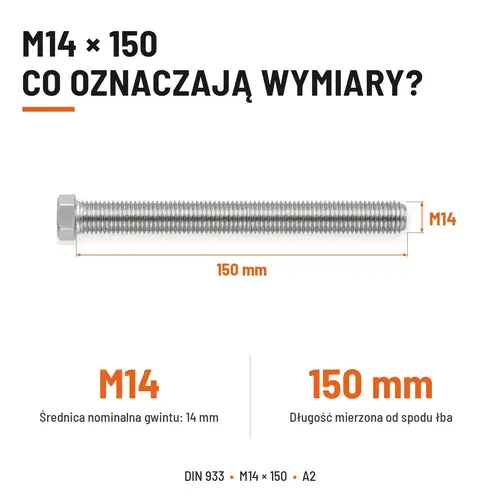 ŚRUBA SZEŚCIOKĄTNA DIN 933 M14X150 STAL NIERDZEWNA A2
