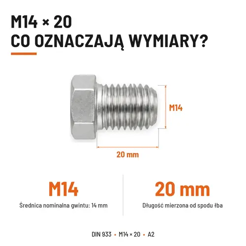 Śruba sześciokątna DIN 933 M14x20 pełny gwint A2 nierdzewna