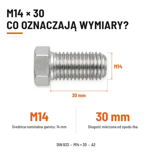 Śruba sześciokątna DIN 933 M14x30 pełny gwint A2 nierdzewna