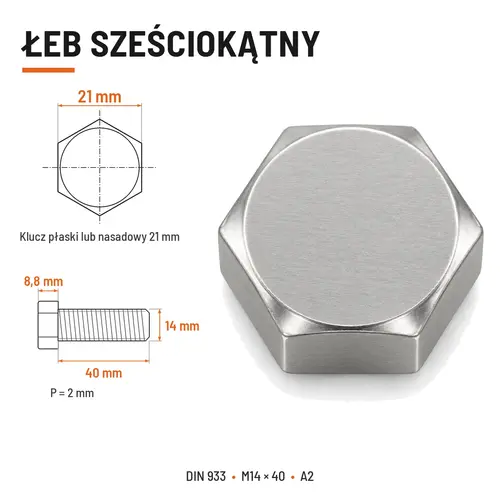 Śruba sześciokątna DIN 933 M14x40 pełny gwint A2 nierdzewna