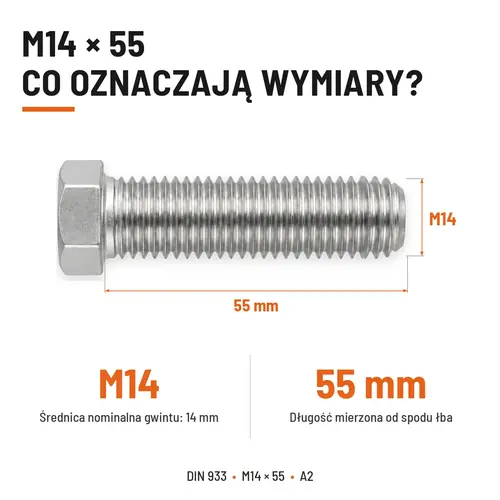 Śruba sześciokątna DIN 933 M14x55 pełny gwint A2 nierdzewna