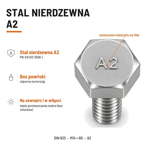 ŚRUBA SZEŚCIOKĄTNA DIN 933 M14X60 STAL NIERDZEWNA A2