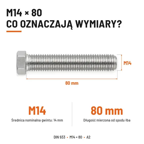 Śruba sześciokątna DIN 933 M14x80 pełny gwint A2 nierdzewna