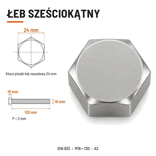 ŚRUBA SZEŚCIOKĄTNA DIN 933 M16X130 STAL NIERDZEWNA A2