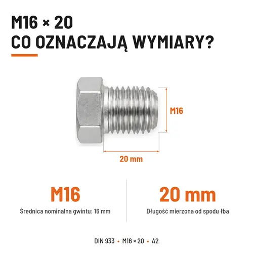 Śruba sześciokątna DIN 933 M16x20 pełny gwint A2 nierdzewna
