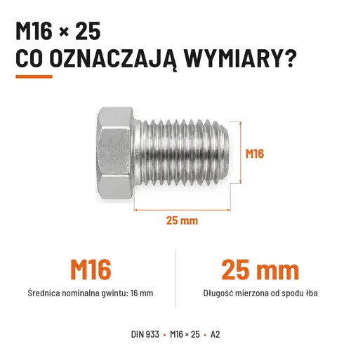 Śruba sześciokątna DIN 933 M16x25 pełny gwint A2 nierdzewna