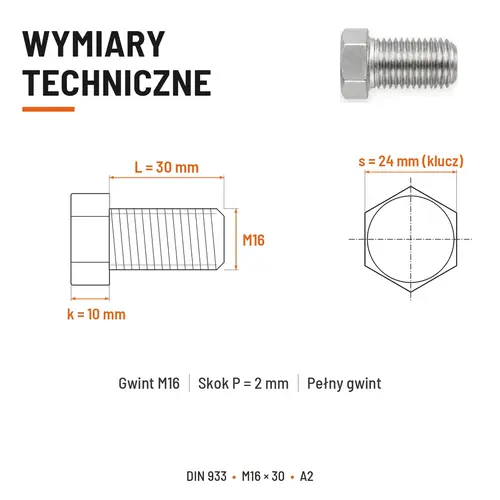 Śruba sześciokątna DIN 933 M16x30 pełny gwint A2 nierdzewna