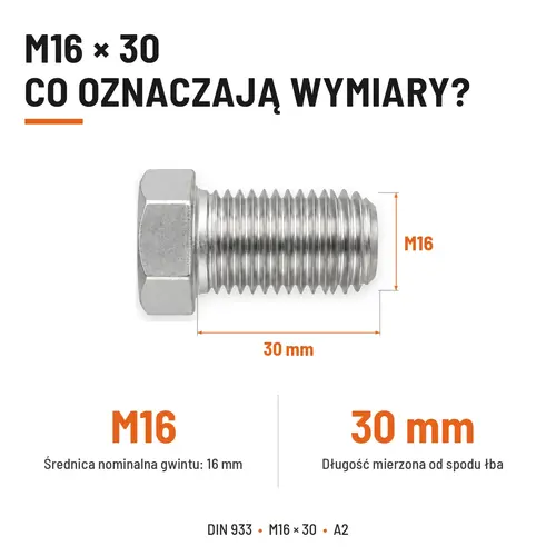 Śruba sześciokątna DIN 933 M16x30 pełny gwint A2 nierdzewna