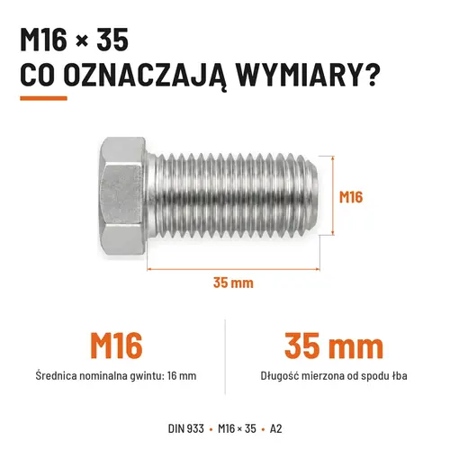 Śruba sześciokątna DIN 933 M16x35 pełny gwint A2 nierdzewna