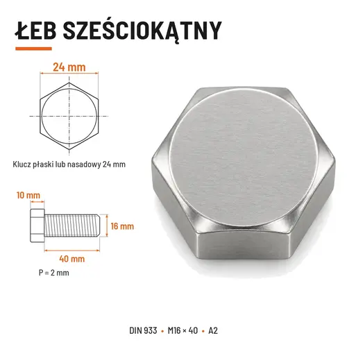 Śruba sześciokątna DIN 933 M16x40 pełny gwint A2 nierdzewna