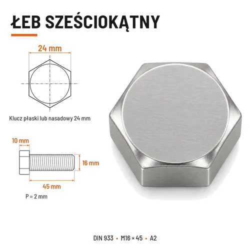 Śruba sześciokątna DIN 933 M16x45 pełny gwint A2 nierdzewna