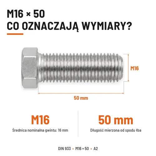 ŚRUBA SZEŚCIOKĄTNA DIN 933 M16X50 STAL NIERDZEWNA A2