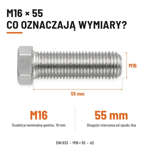ŚRUBA SZEŚCIOKĄTNA DIN 933 M16X55 STAL NIERDZEWNA A2