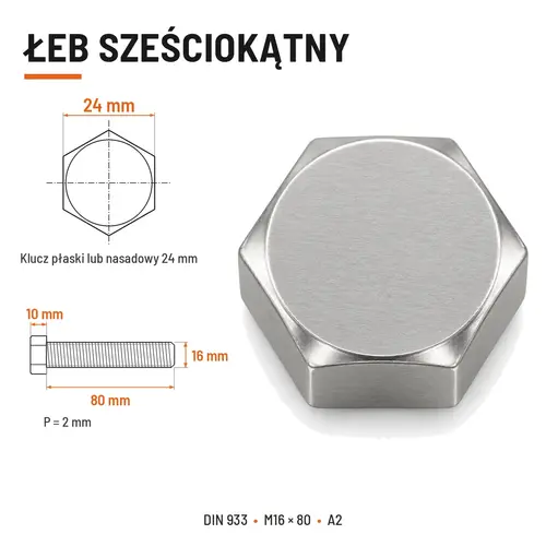 Śruba sześciokątna DIN 933 M16x80 pełny gwint A2 nierdzewna
