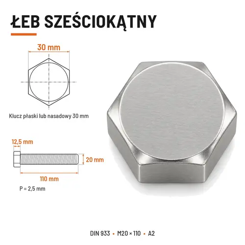 ŚRUBA SZEŚCIOKĄTNA DIN 933 M20X110 STAL NIERDZEWNA A2