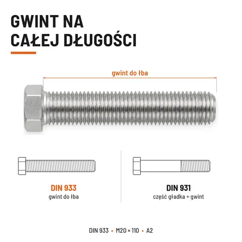 ŚRUBA SZEŚCIOKĄTNA DIN 933 M20X110 STAL NIERDZEWNA A2