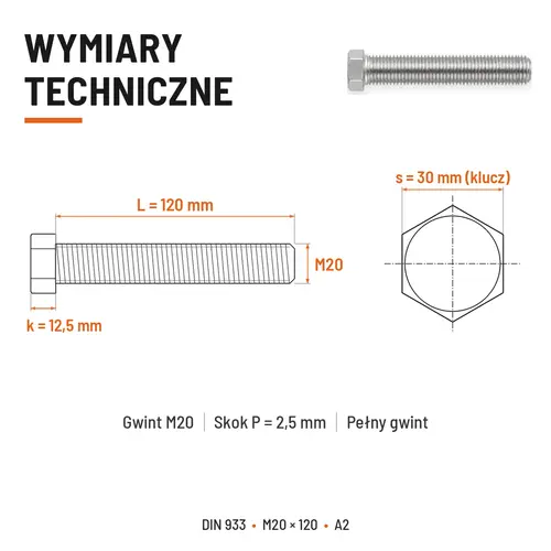 ŚRUBA SZEŚCIOKĄTNA DIN 933 M20X120 STAL NIERDZEWNA A2