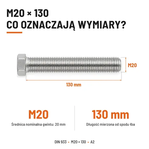 ŚRUBA SZEŚCIOKĄTNA DIN 933 M20X130 STAL NIERDZEWNA A2