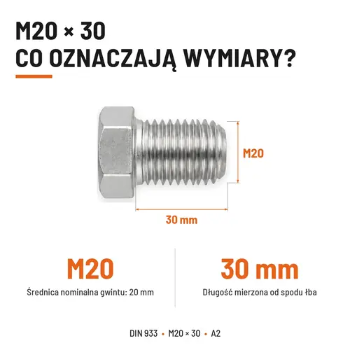 Śruba sześciokątna DIN 933 M20x30 pełny gwint A2 nierdzewna