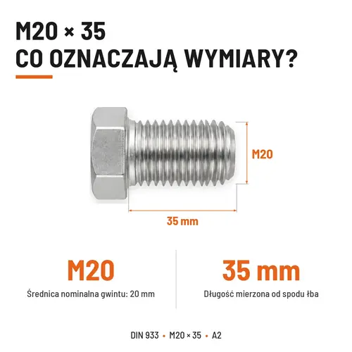 Śruba sześciokątna DIN 933 M20x35 pełny gwint A2 nierdzewna