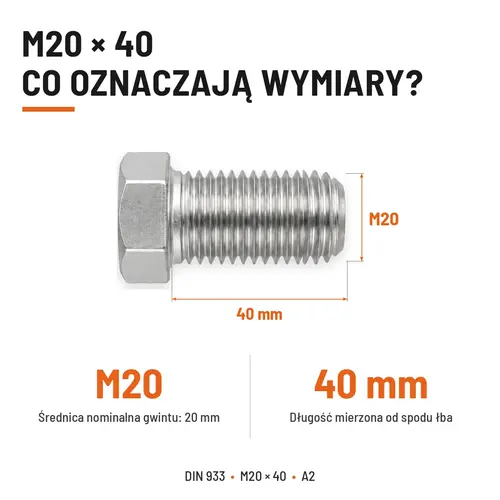 Śruba sześciokątna DIN 933 M20x40 pełny gwint A2 nierdzewna