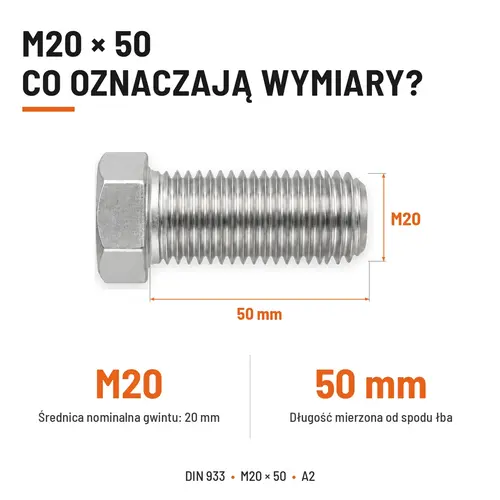 ŚRUBA SZEŚCIOKĄTNA DIN 933 M20X50 STAL NIERDZEWNA A2