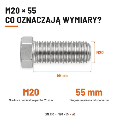 ŚRUBA SZEŚCIOKĄTNA DIN 933 M20X55 STAL NIERDZEWNA A2