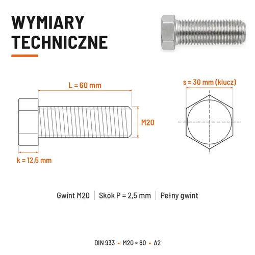 Śruba sześciokątna DIN 933 M20x60 pełny gwint A2 nierdzewna