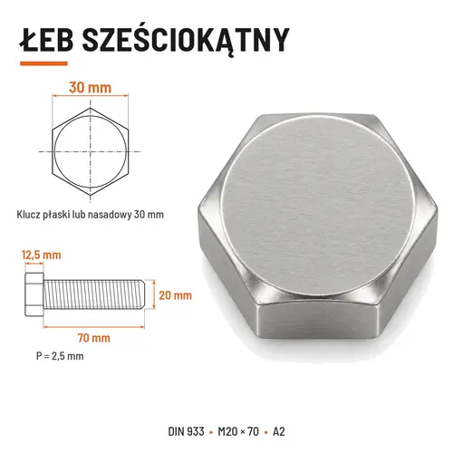 ŚRUBA SZEŚCIOKĄTNA DIN 933 M20X70 STAL NIERDZEWNA A2