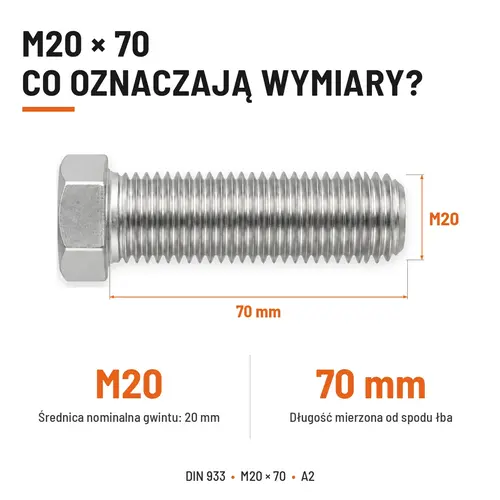 ŚRUBA SZEŚCIOKĄTNA DIN 933 M20X70 STAL NIERDZEWNA A2