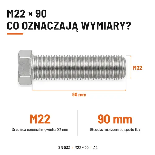 Śruba sześciokątna DIN 933 M22x90 pełny gwint A2 nierdzewna