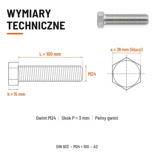 Śruba sześciokątna DIN 933 M24x100 pełny gwint A2 nierdzewna