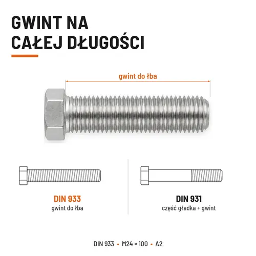 Śruba sześciokątna DIN 933 M24x100 pełny gwint A2 nierdzewna